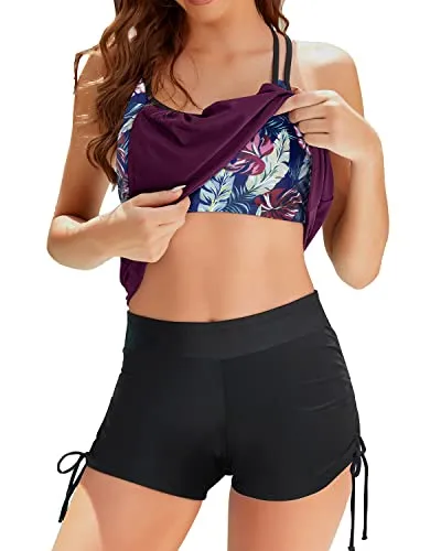 Sporty Blouson Swim Tank Top With Boy Shorts Bathing Suit-Wine Red Leaves