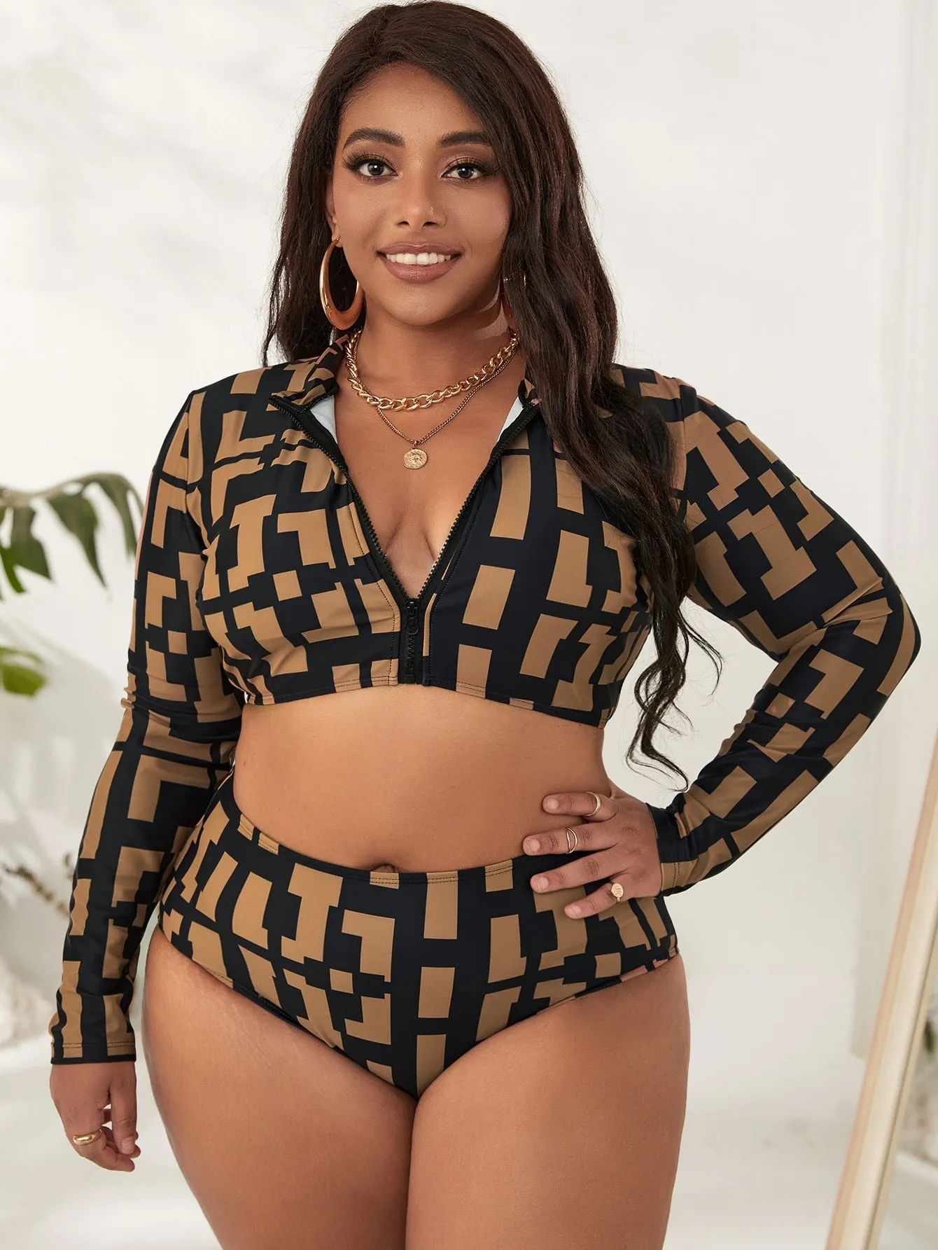 Sporty Geometric Zipper High Neck Plus Size Tankini