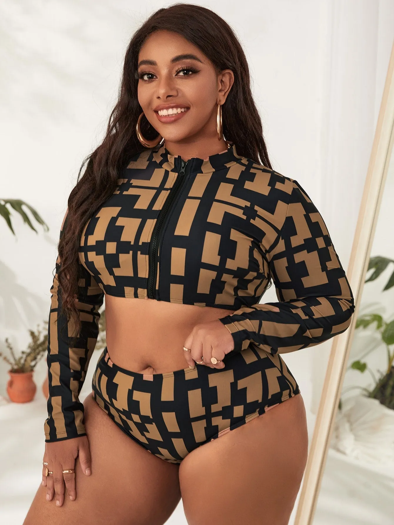 Sporty Geometric Zipper High Neck Plus Size Tankini