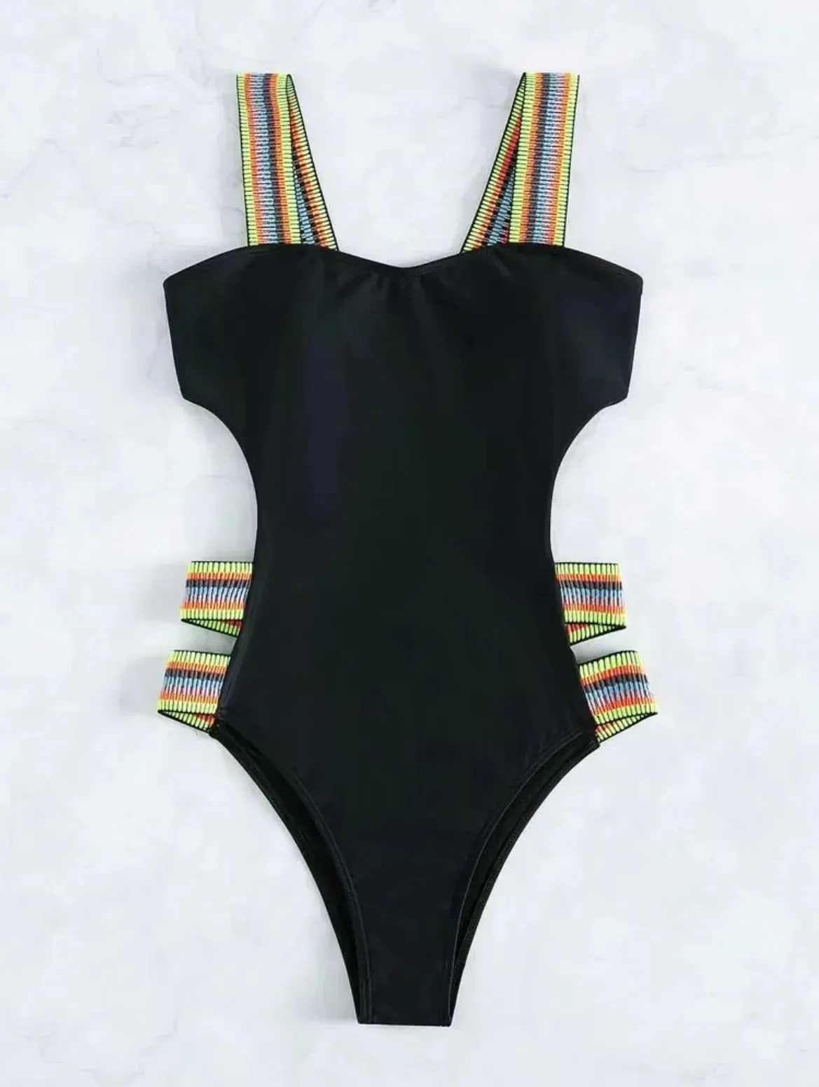 Strappy Solid Cutout One Piece Swimsuit with Colorful Straps for Women