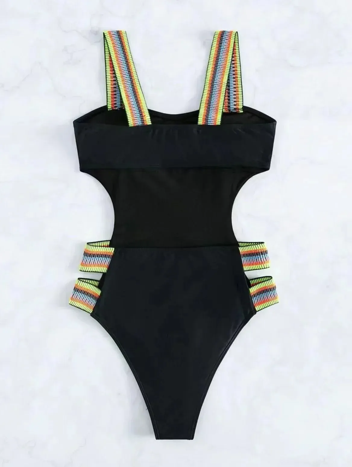 Strappy Solid Cutout One Piece Swimsuit with Colorful Straps for Women