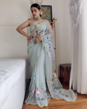 Trendy Floral Printed Organza Saree For Women
