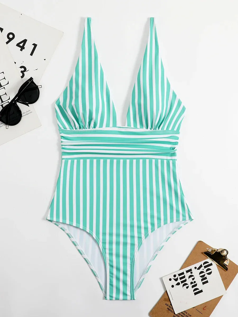 Trendy Stripe One-Piece Swimwear with Plunging Neckline