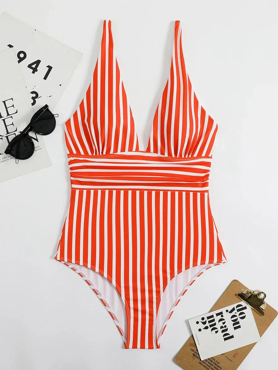 Trendy Stripe One-Piece Swimwear with Plunging Neckline