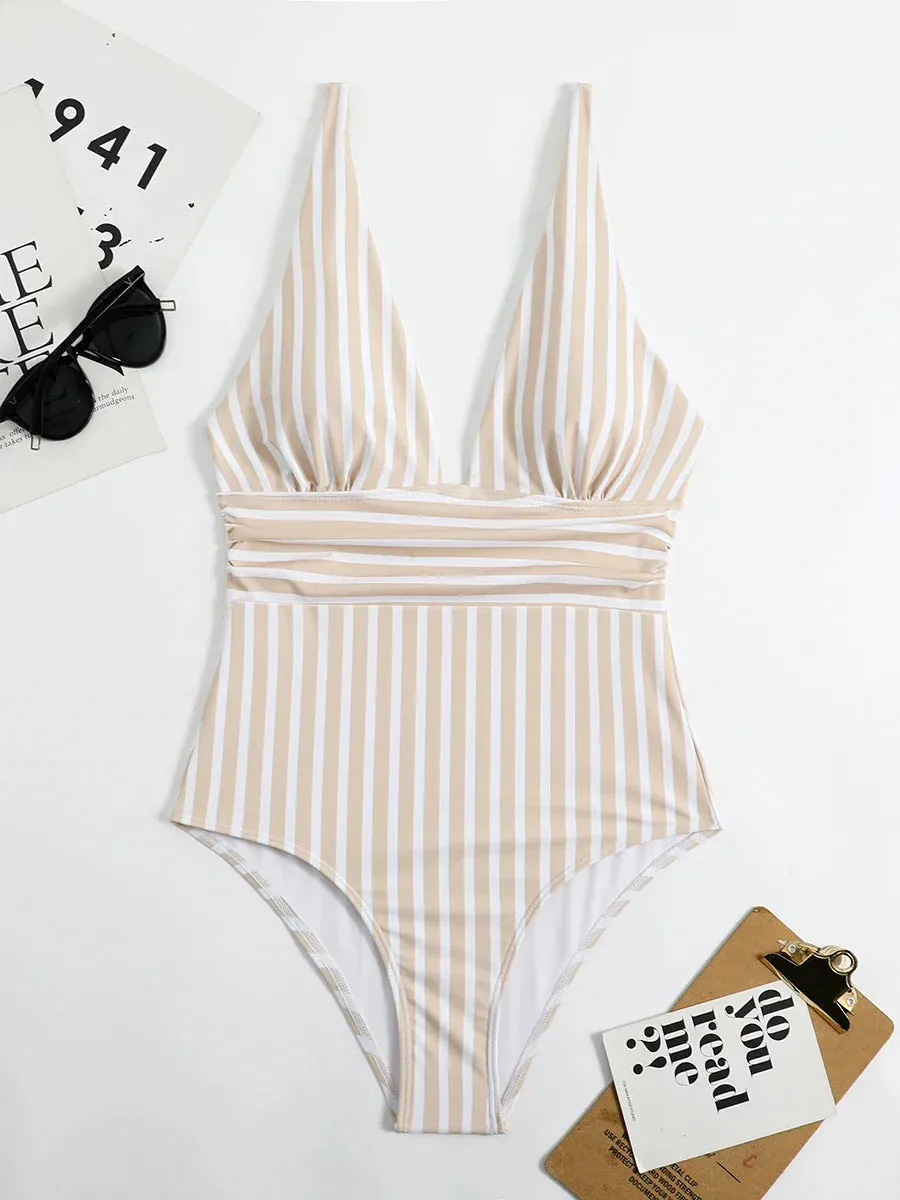 Trendy Stripe One-Piece Swimwear with Plunging Neckline