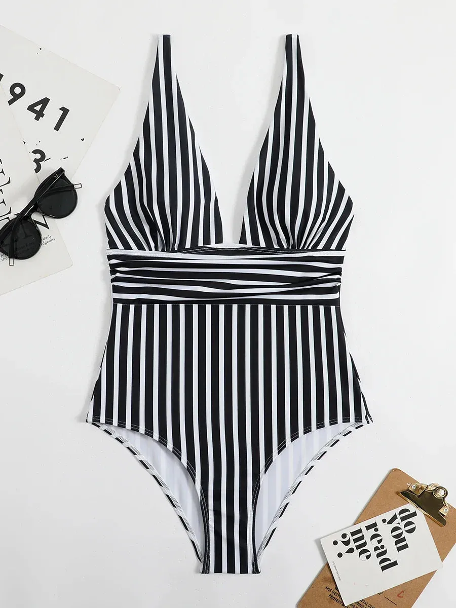Trendy Stripe One-Piece Swimwear with Plunging Neckline