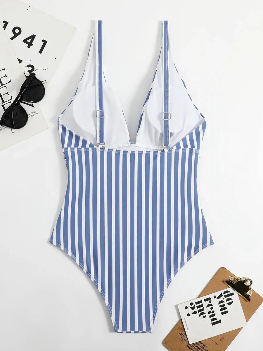 Trendy Stripe One-Piece Swimwear with Plunging Neckline