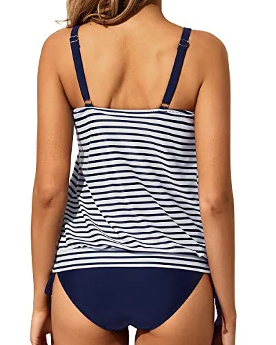 Two Piece Modest Loose Tankini Top With Shorts Tummy Control Swimsuits-Blue White Stripe