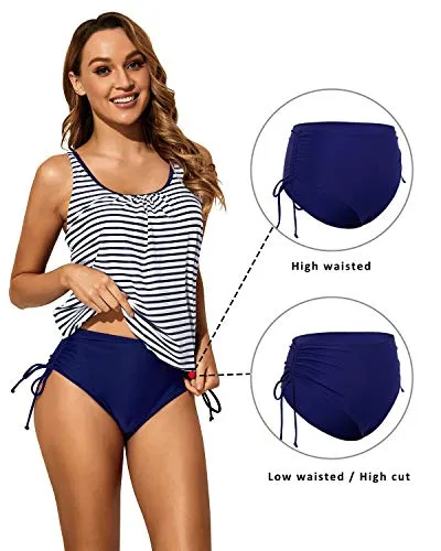Two Piece Modest Loose Tankini Top With Shorts Tummy Control Swimsuits-Blue White Stripe