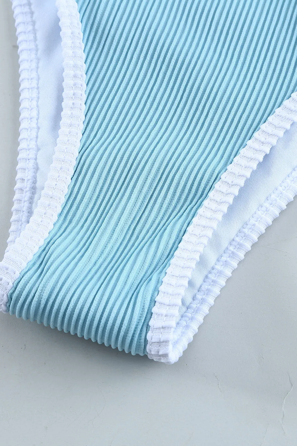Two-tone One Shoulder Patchwork Ribbed High Waisted Bikini Set
