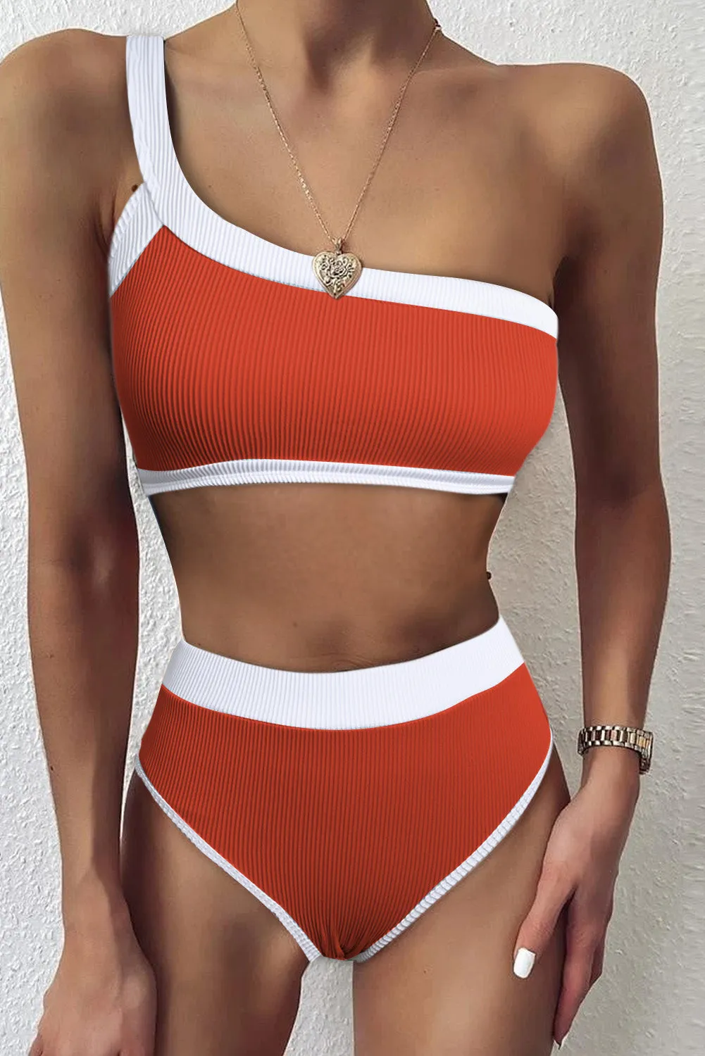 Two-tone One Shoulder Patchwork Ribbed High Waisted Bikini Set