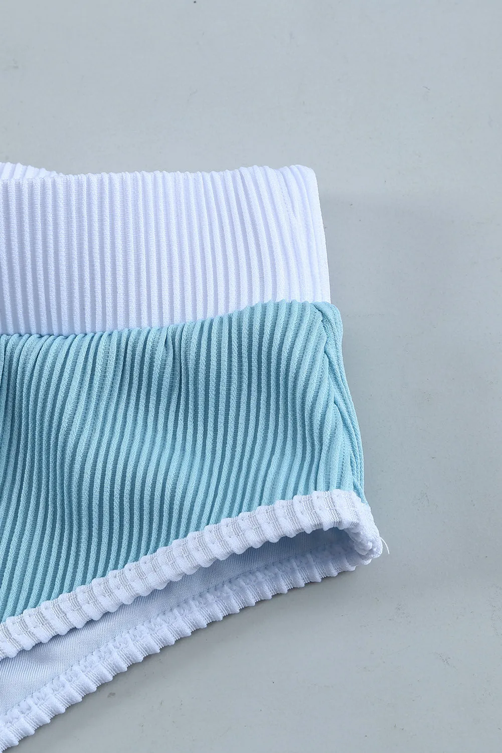 Two-tone One Shoulder Patchwork Ribbed High Waisted Bikini Set
