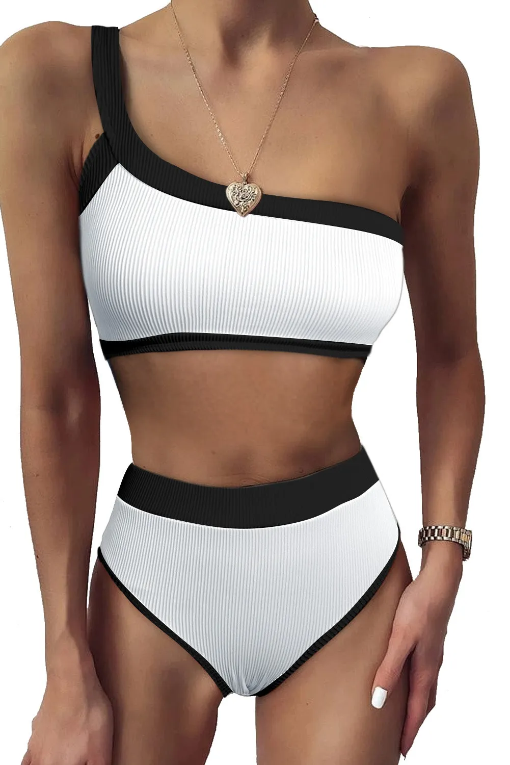 Two-tone One Shoulder Patchwork Ribbed High Waisted Bikini Set