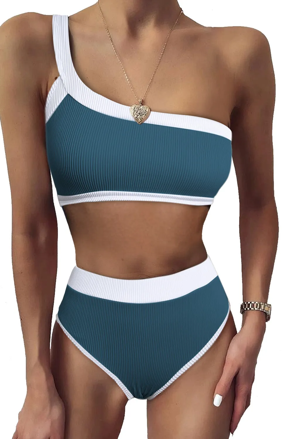 Two-tone One Shoulder Patchwork Ribbed High Waisted Bikini Set