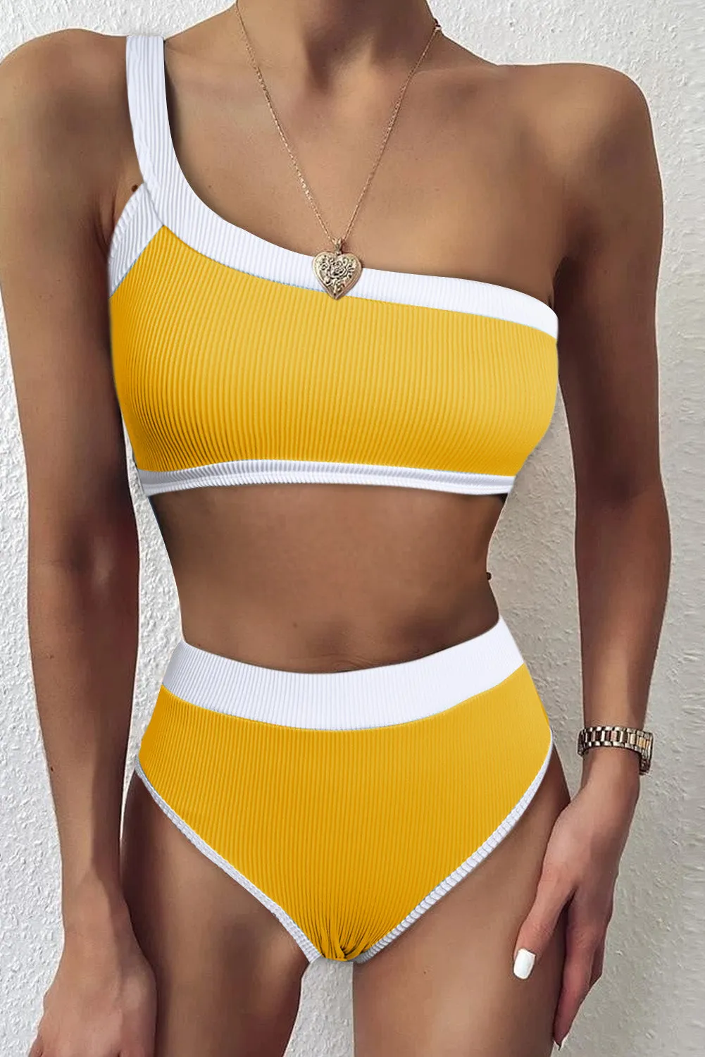 Two-tone One Shoulder Patchwork Ribbed High Waisted Bikini Set