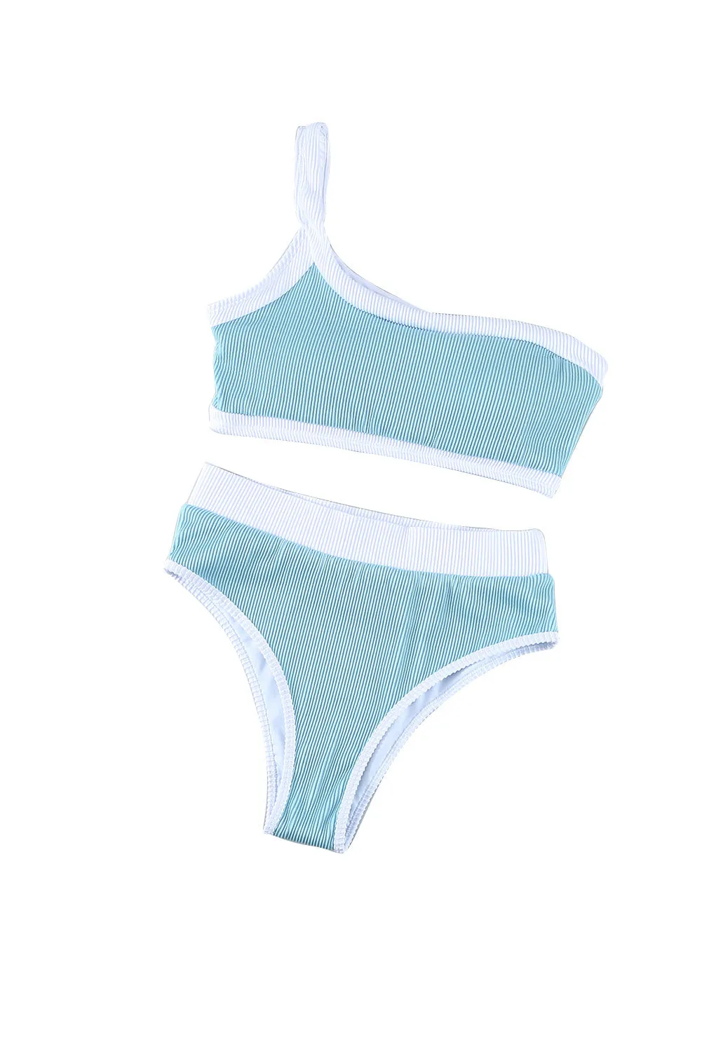 Two-tone One Shoulder Patchwork Ribbed High Waisted Bikini Set