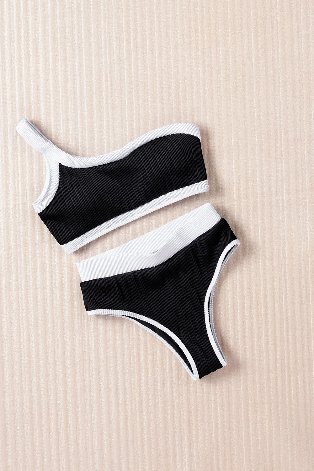 Two-tone One Shoulder Patchwork Ribbed High Waisted Bikini Set