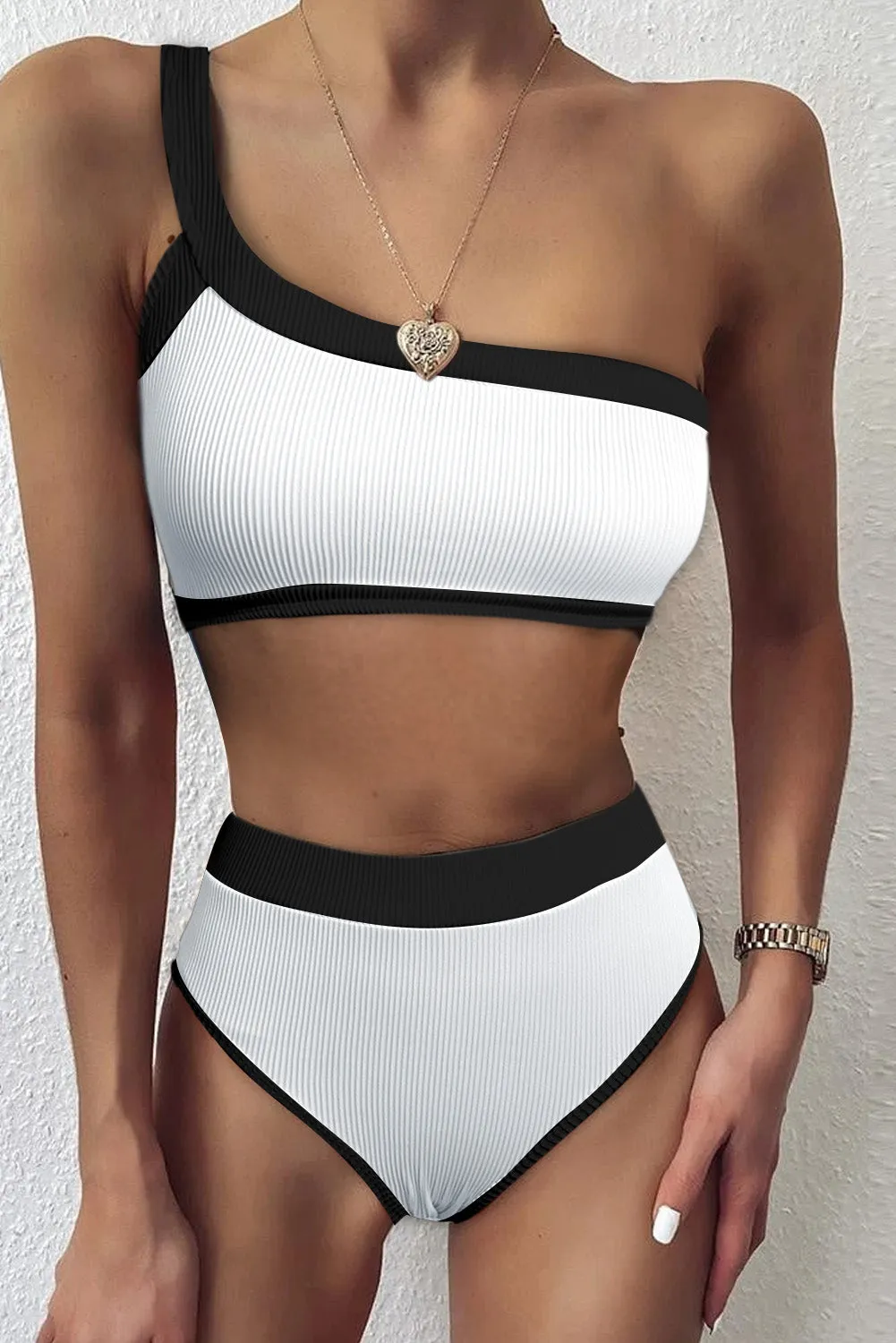 Two-tone One Shoulder Patchwork Ribbed High Waisted Bikini Set