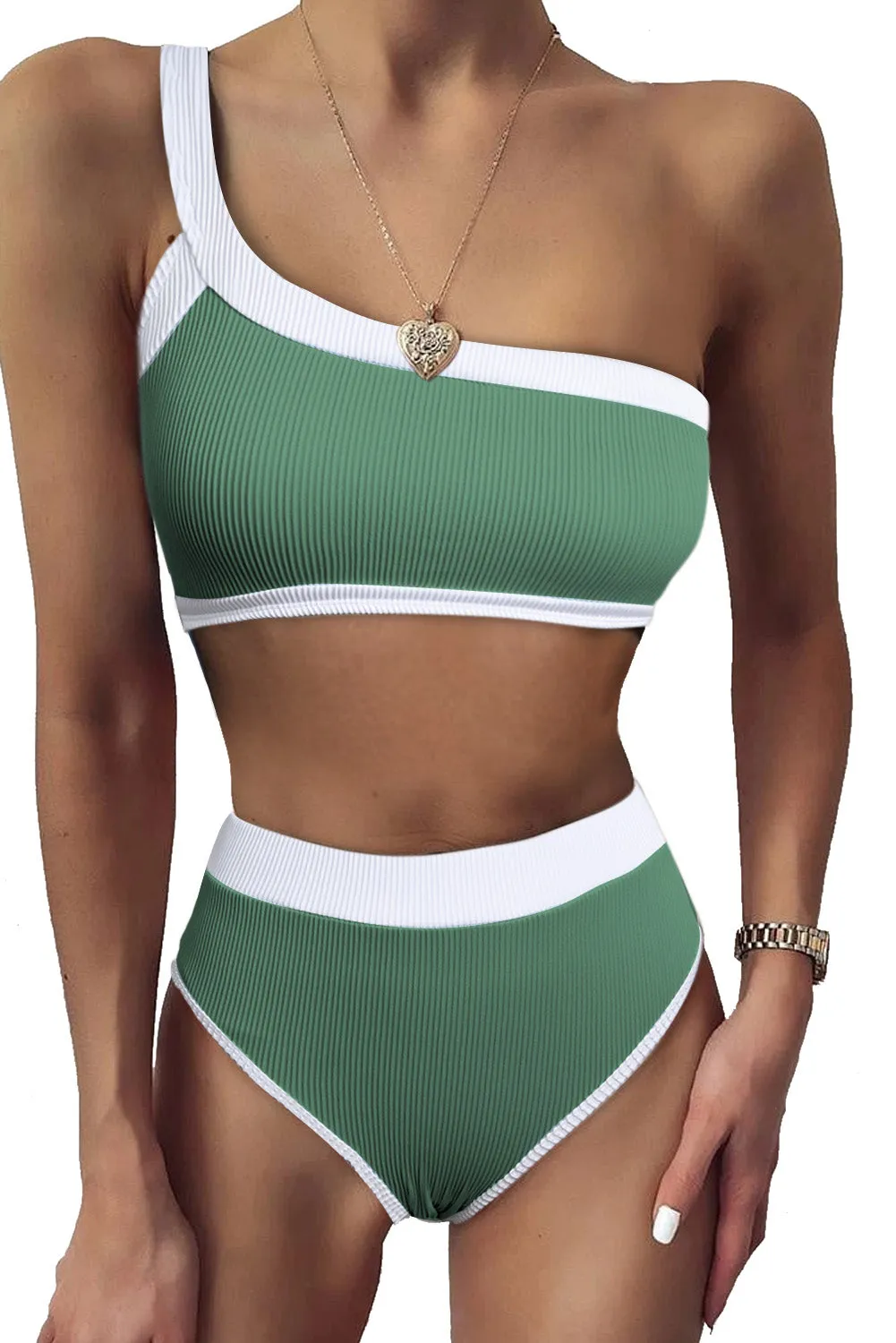 Two-tone One Shoulder Patchwork Ribbed High Waisted Bikini Set