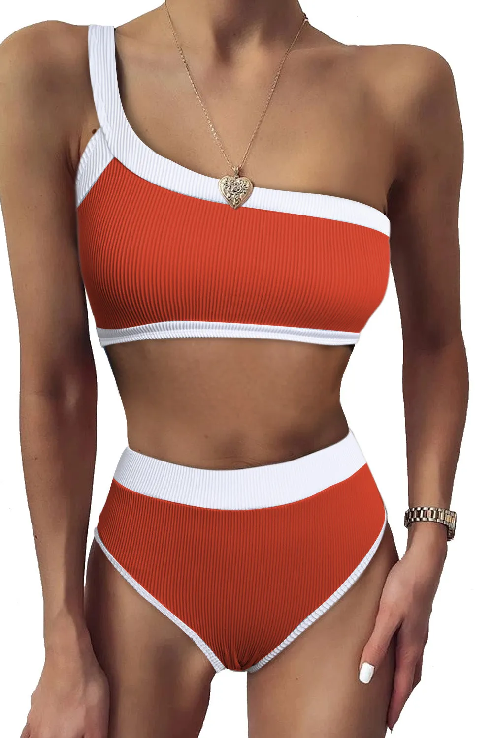 Two-tone One Shoulder Patchwork Ribbed High Waisted Bikini Set