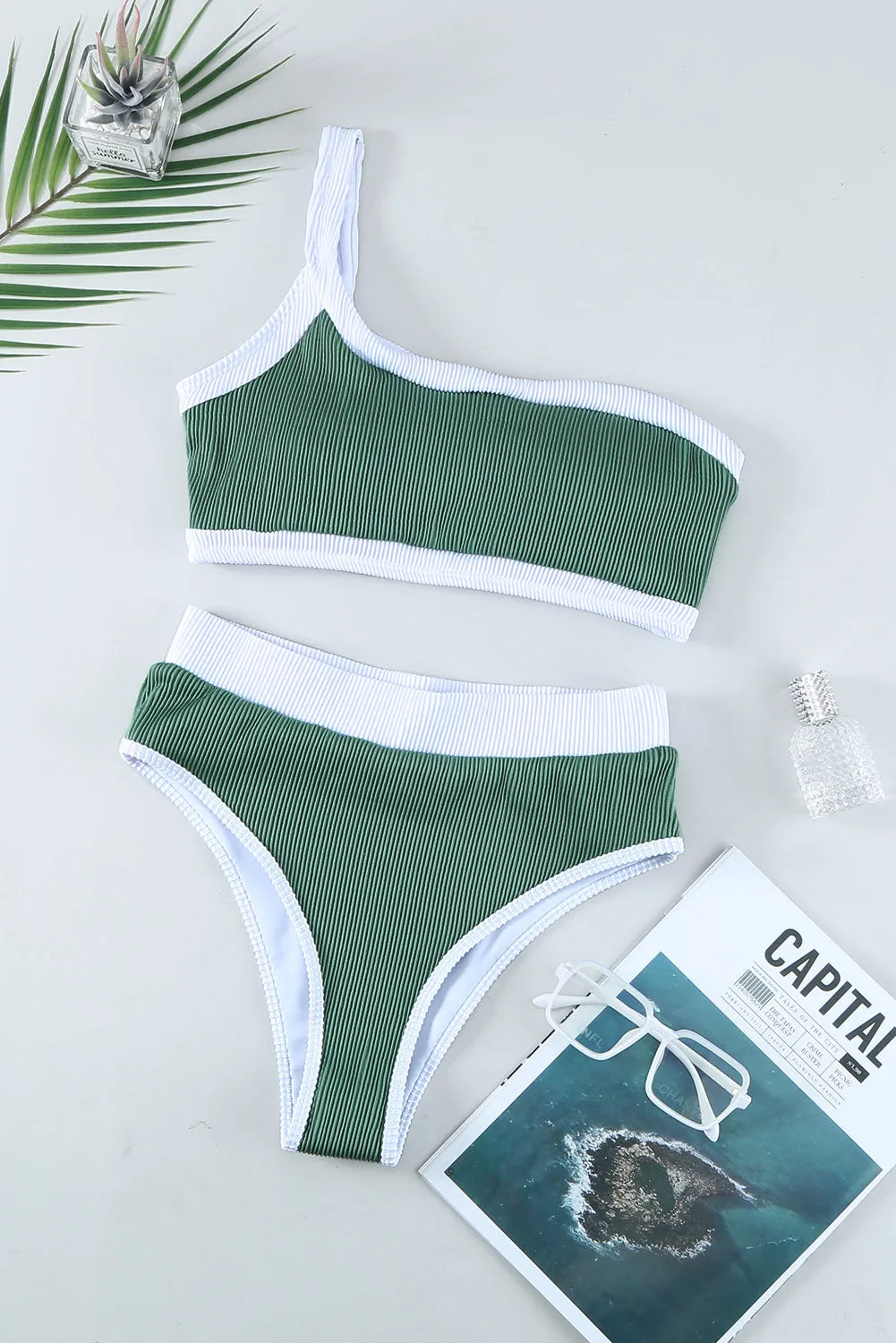 Two-tone One Shoulder Patchwork Ribbed High Waisted Bikini Set