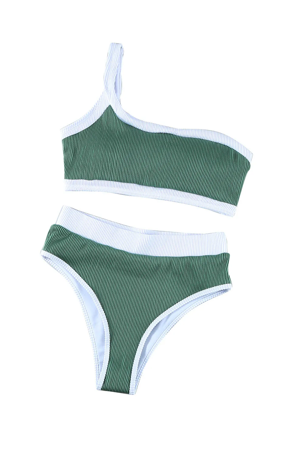 Two-tone One Shoulder Patchwork Ribbed High Waisted Bikini Set