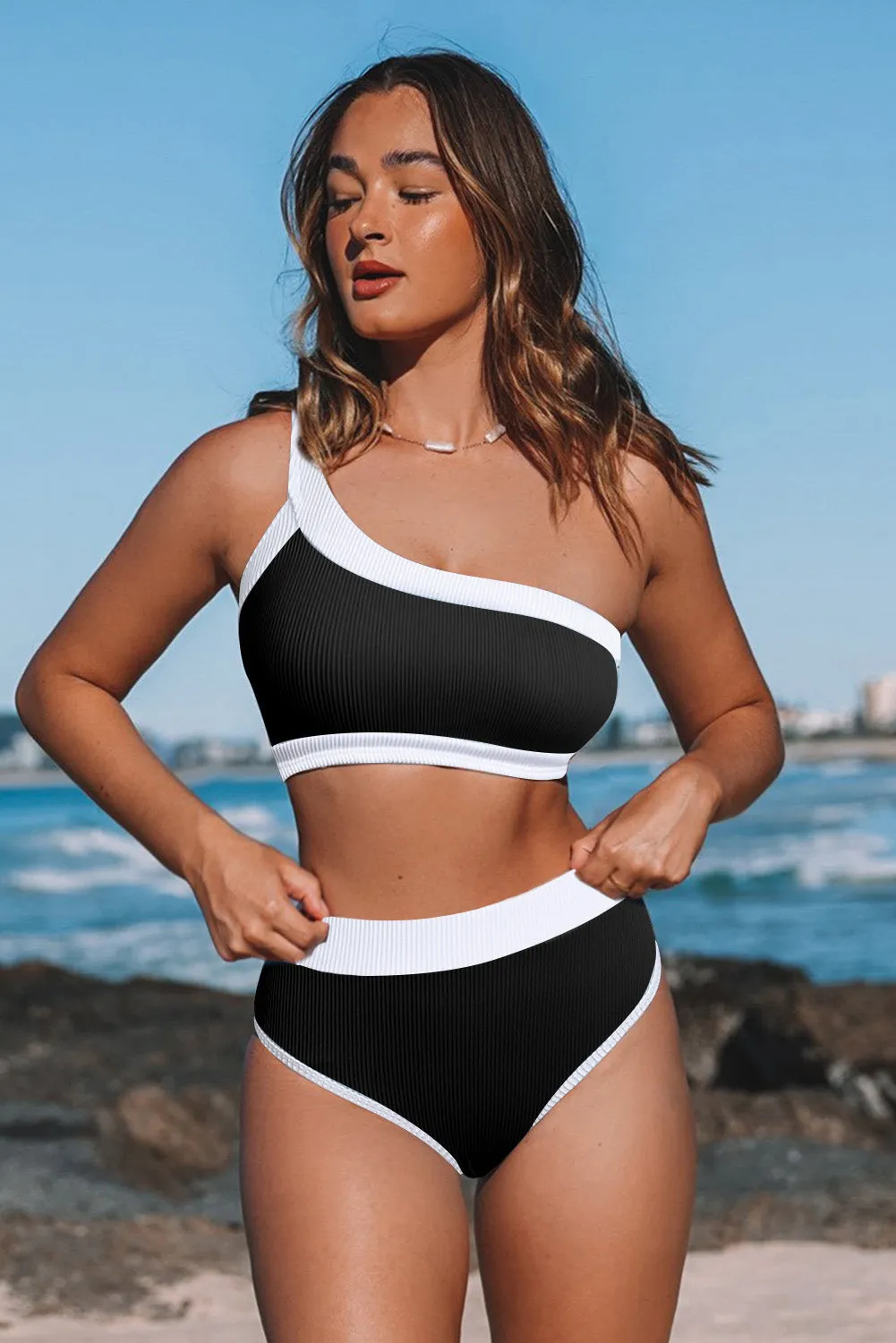 Two-tone One Shoulder Patchwork Ribbed High Waisted Bikini Set