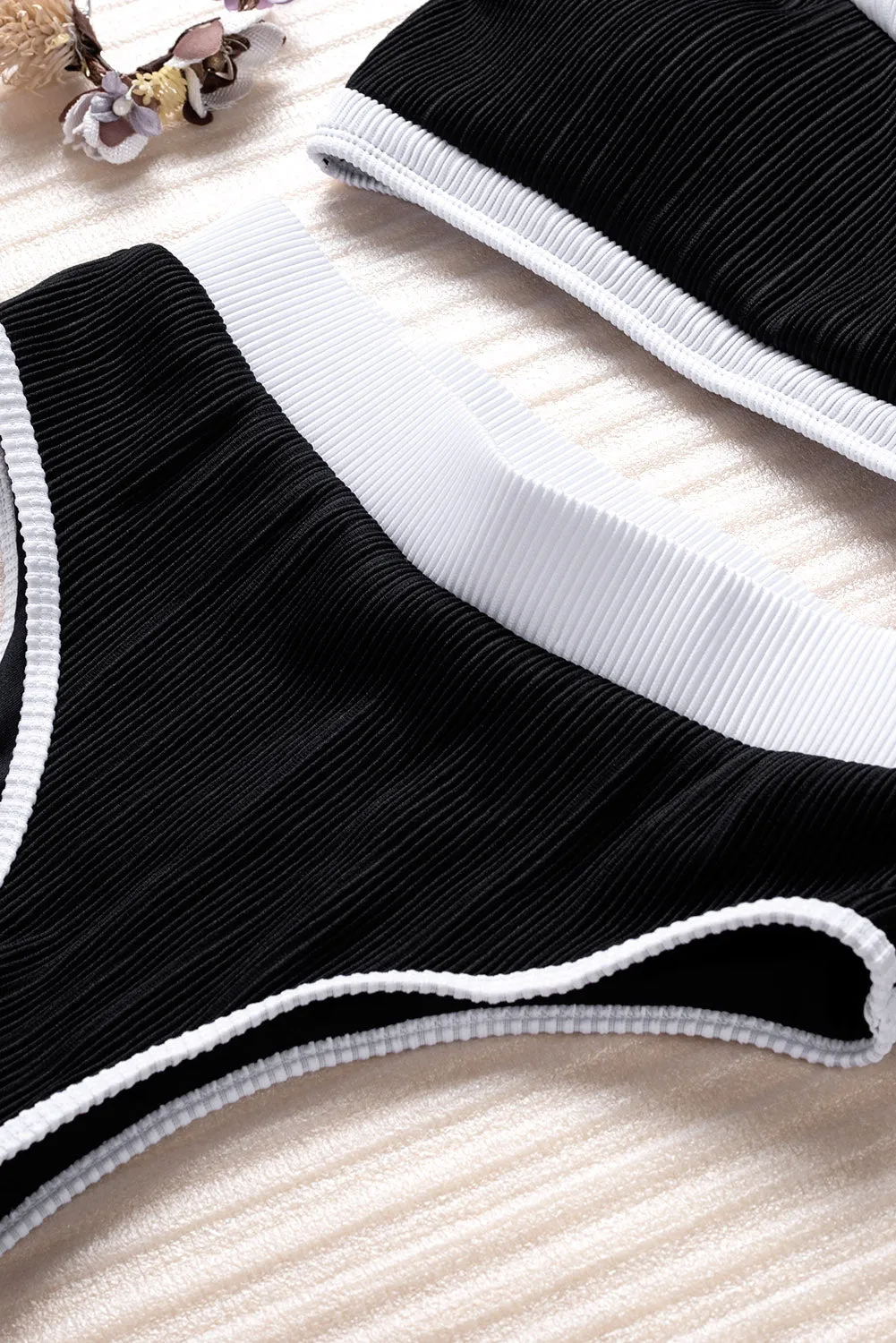 Two-tone One Shoulder Patchwork Ribbed High Waisted Bikini Set