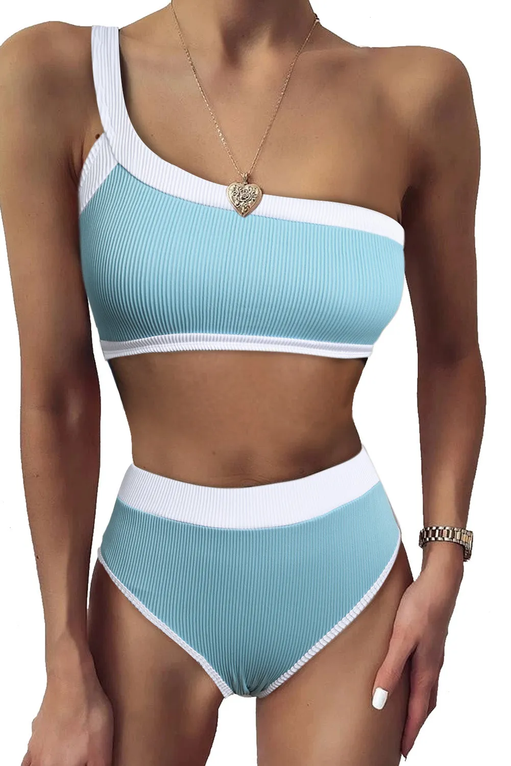 Two-tone One Shoulder Patchwork Ribbed High Waisted Bikini Set