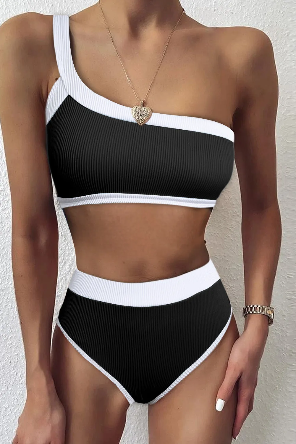 Two-tone One Shoulder Patchwork Ribbed High Waisted Bikini Set