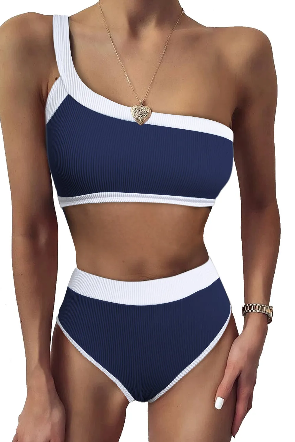 Two-tone One Shoulder Patchwork Ribbed High Waisted Bikini Set
