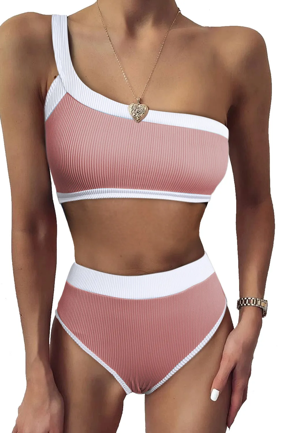 Two-tone One Shoulder Patchwork Ribbed High Waisted Bikini Set