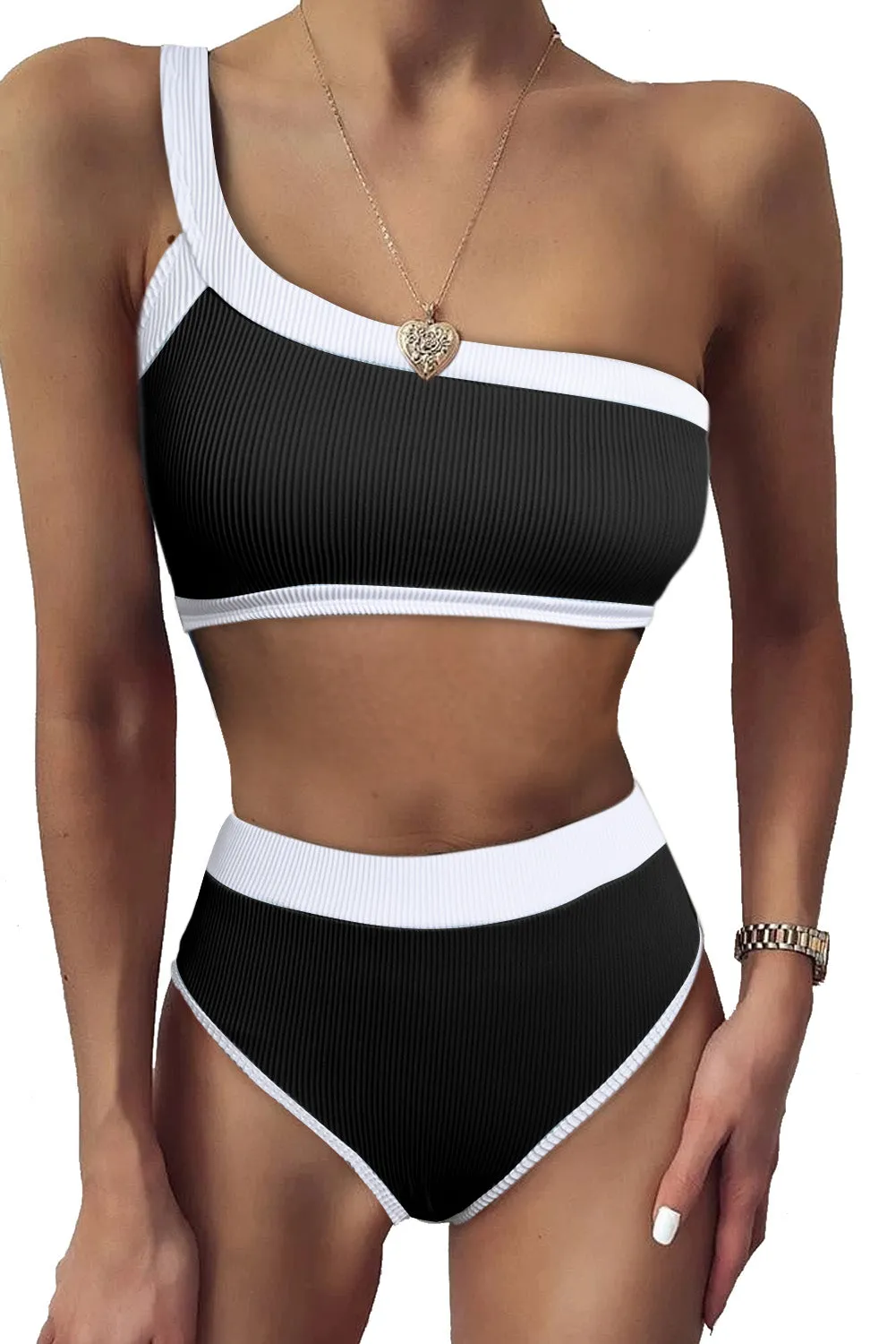 Two-tone One Shoulder Patchwork Ribbed High Waisted Bikini Set