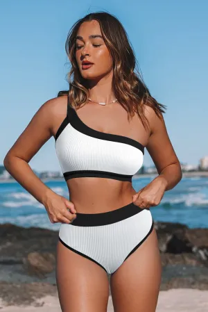 Two-tone One Shoulder Patchwork Ribbed High Waisted Bikini Set