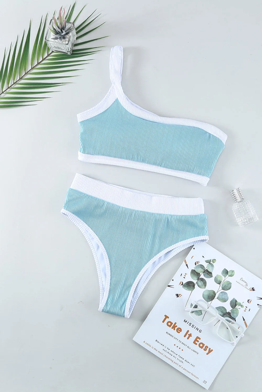Two-tone One Shoulder Patchwork Ribbed High Waisted Bikini Set