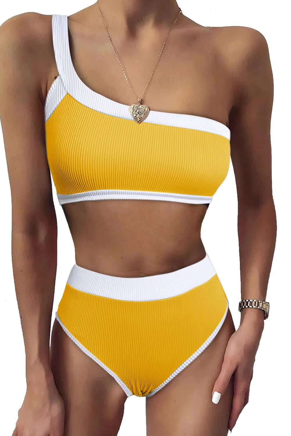 Two-tone One Shoulder Patchwork Ribbed High Waisted Bikini Set