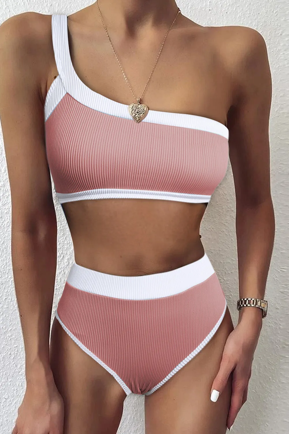 Two-tone One Shoulder Patchwork Ribbed High Waisted Bikini Set