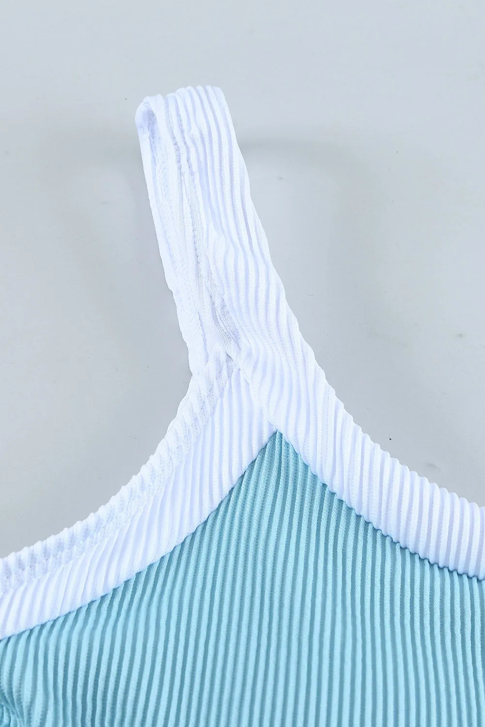 Two-tone One Shoulder Patchwork Ribbed High Waisted Bikini Set