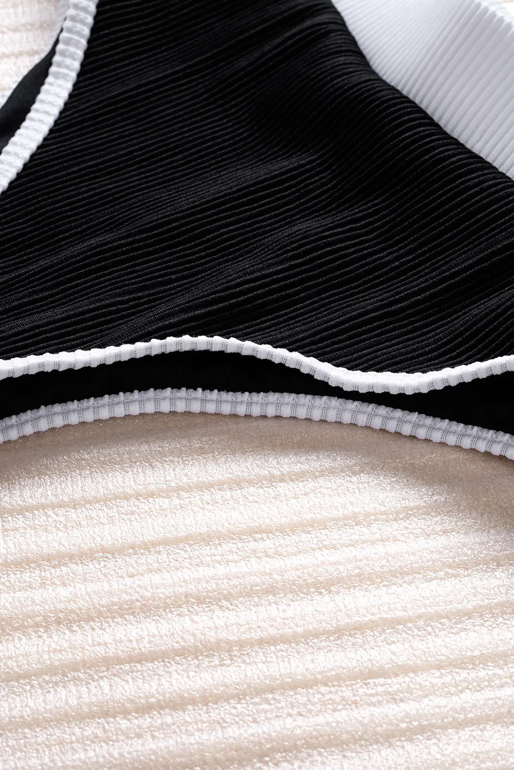 Two-tone One Shoulder Patchwork Ribbed High Waisted Bikini Set