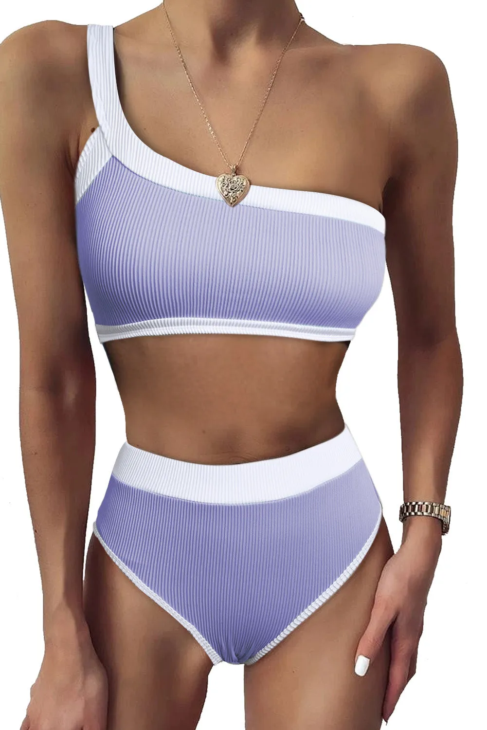 Two-tone One Shoulder Patchwork Ribbed High Waisted Bikini Set