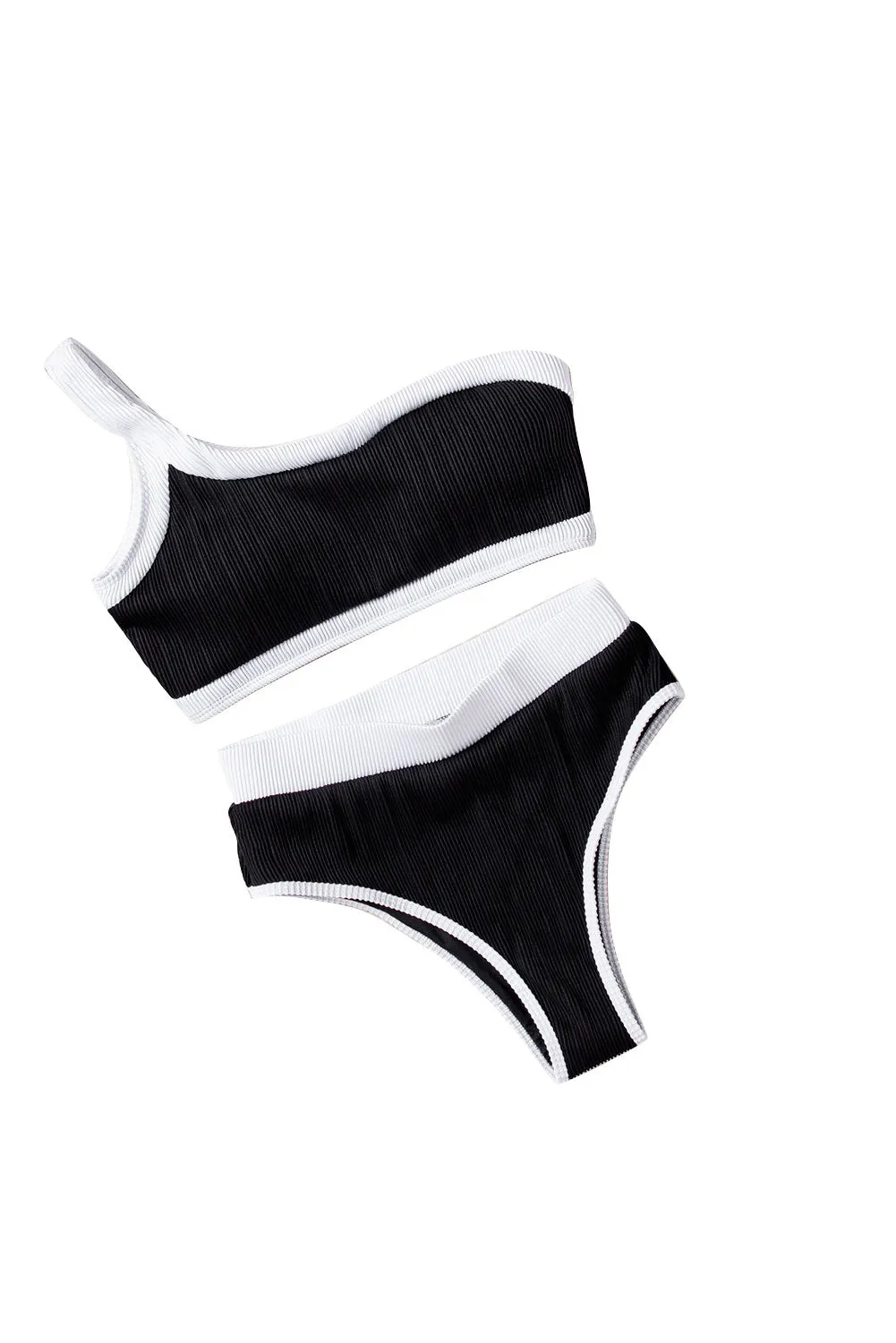 Two-tone One Shoulder Patchwork Ribbed High Waisted Bikini Set