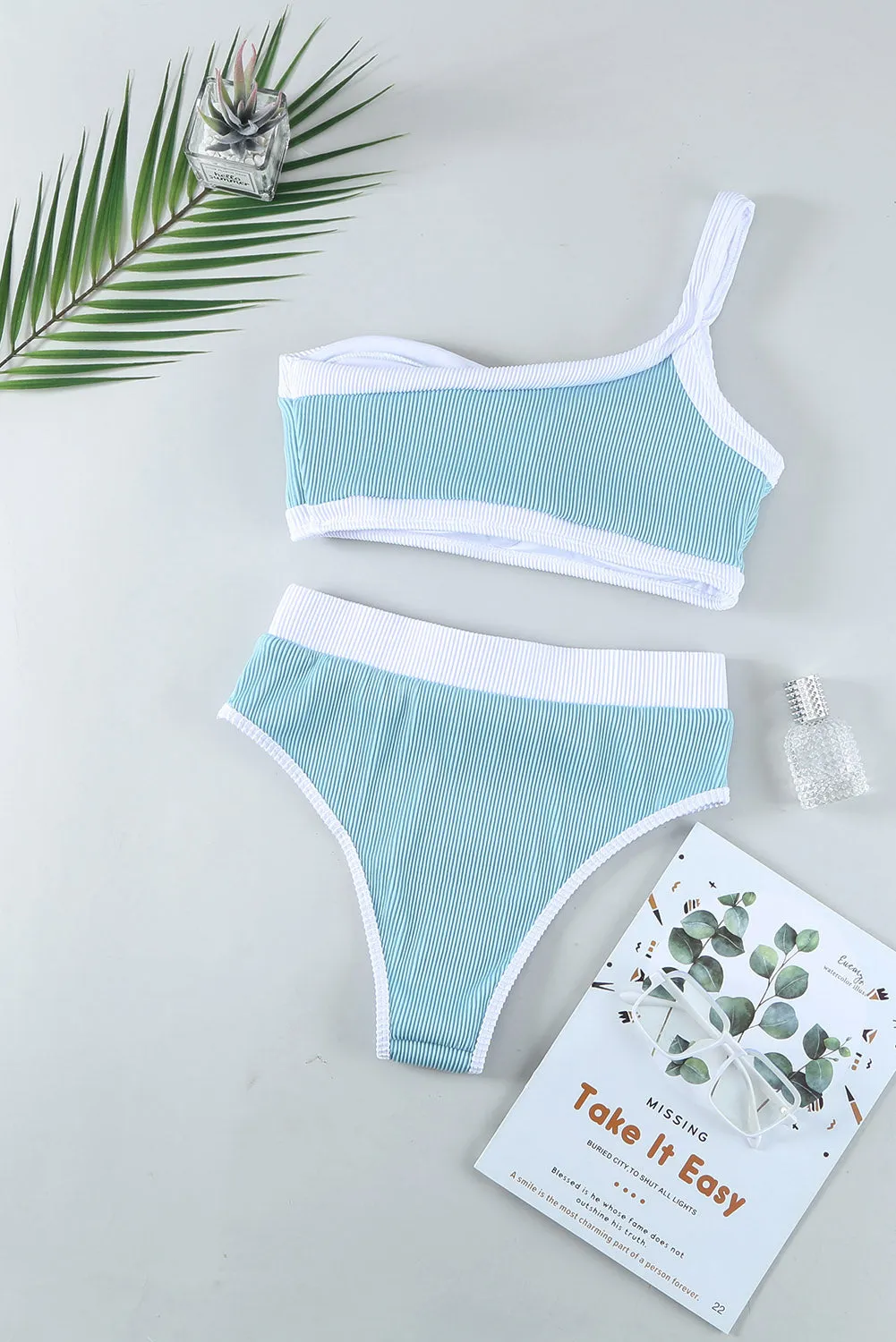 Two-tone One Shoulder Patchwork Ribbed High Waisted Bikini Set