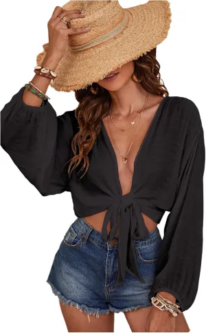 Verdusa Women's Tie Front Long Sleeve Swimsuit Kimono Cover Up Wrap Blouse Top