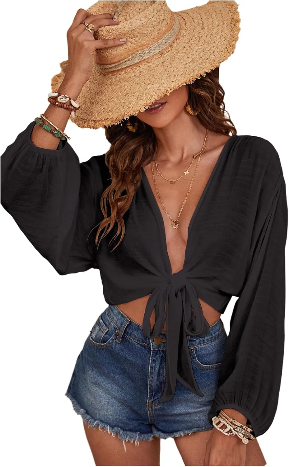 Verdusa Women's Tie Front Long Sleeve Swimsuit Kimono Cover Up Wrap Blouse Top