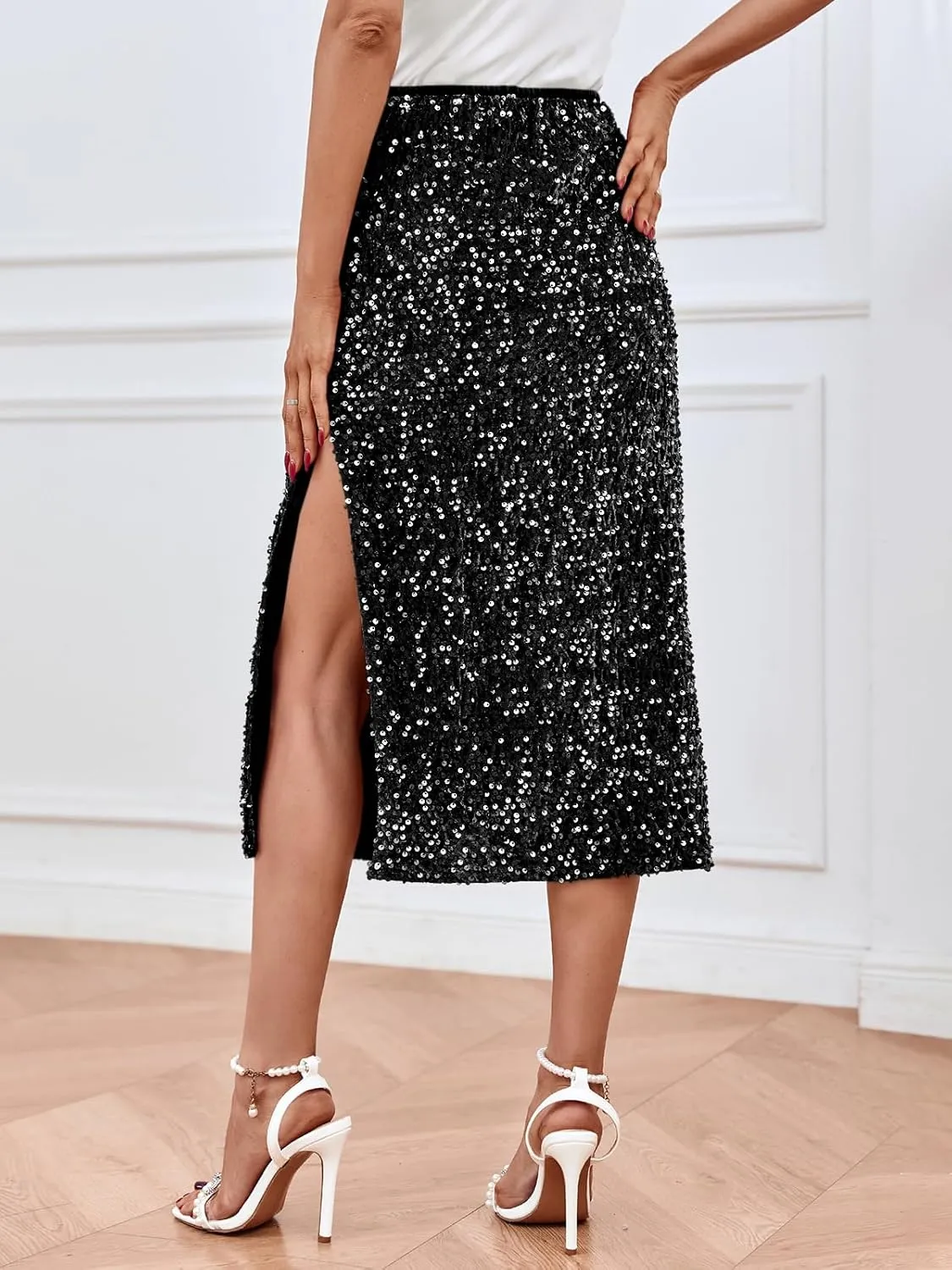 Wenrine Women's Sequin Skirts Midi Sexy High Waisted Nightout Bodycon Party Slit Skirt