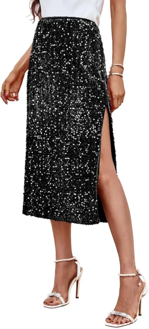 Wenrine Women's Sequin Skirts Midi Sexy High Waisted Nightout Bodycon Party Slit Skirt