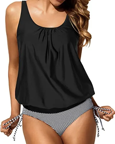 Women Tummy Control Drawstring Self Tie Two Piece Swimsuits-Black Stripe