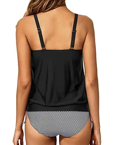 Women Tummy Control Drawstring Self Tie Two Piece Swimsuits-Black Stripe