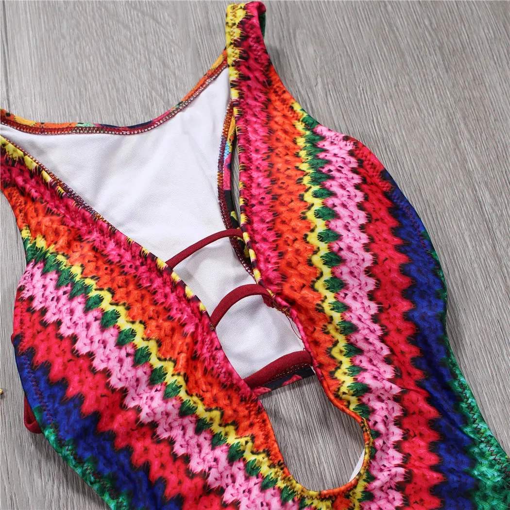 Women's Cutout Monokini with Colorful Print - Rainbow One-Piece Swimsuit