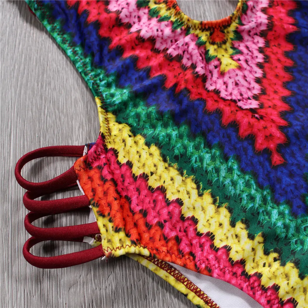 Women's Cutout Monokini with Colorful Print - Rainbow One-Piece Swimsuit